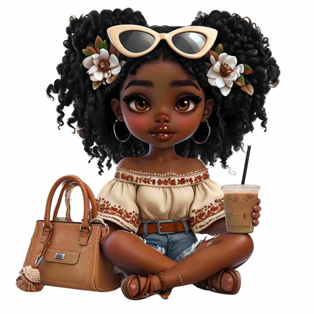 Curly Glam Girl with Iced Coffee DTF Heat Transfers #3 by Style Junction Custom Digital Designs, creative and exclusive artwork.