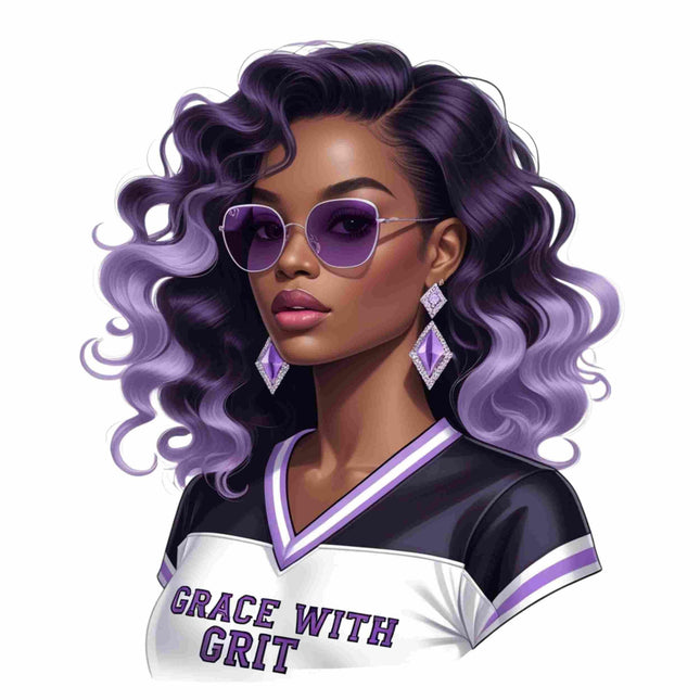 Grace with Grit Purple Fashion Queen DTF Heat Transfer featuring bold curls and stylish shades by Style Junction Custom Digital Designs