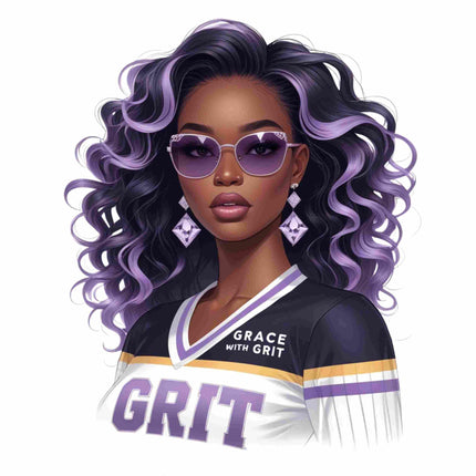 Grace with Grit Purple Fashion Queen DTF Heat Transfer by Style Junction Custom Digital Designs, bold curls and stylish shades for apparel.