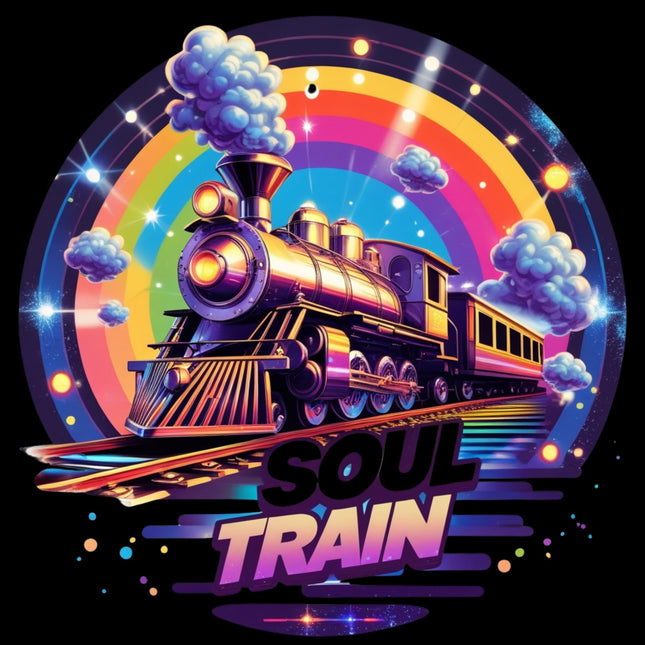 Retro Disco Soul Train Design DTF Heat Transfers #2 by Style Junction Custom Digital Designs features vibrant train and rainbow glow.
