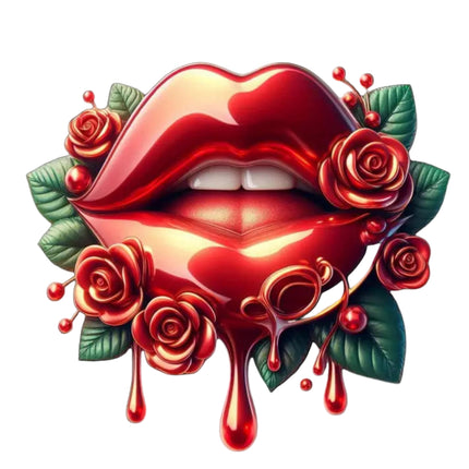 Glossy Red Lips & Roses Drip Design by Style Junction Custom Digital Designs featuring bold red lips with metallic drips and rose accents.