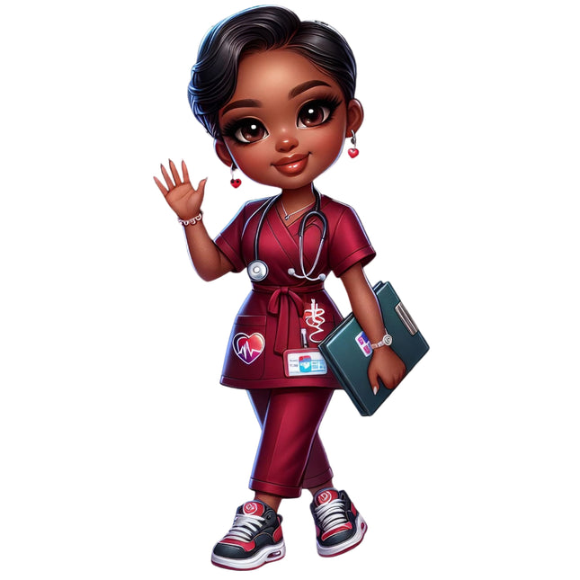 Cartoon character in a medical outfit with a stethoscope and medical bag on a black background