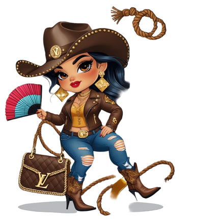 Curvy Brown Cowgirl Sitting with Fan DTF Heat Transfers #2 by Style Junction Custom Digital Designs, exclusive ready to press PNG.