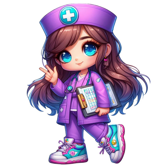 Cute Nurse Character #9 eco solvent heat transfer featuring a chibi nurse with clipboard by Style Junction Custom Digital Designs