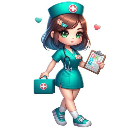 Cartoon nurse character holding a first aid kit and clipboard on a black background