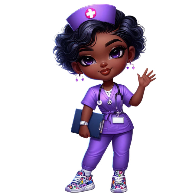 Cartoon character in a purple nurse outfit with a stethoscope and notebook on a black background