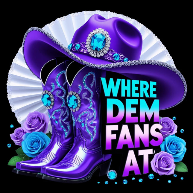 Where Dem Fans At Purple Western Boots & Hat bold PNG design with roses by Style Junction Custom Digital Designs