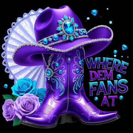 Where Dem Fans At Purple Western Boots & Hat DTF Heat Transfer by Style Junction Custom Digital Designs, vibrant and exclusive artwork.