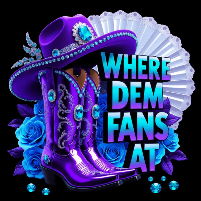 Where Dem Fans At purple western boots, jeweled cowgirl hat, blue roses, and fan design by Style Junction Custom Digital Designs