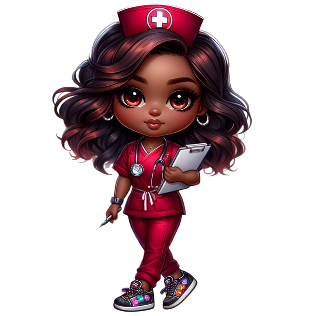 Cartoon nurse character in red scrubs with a stethoscope and clipboard on a black background