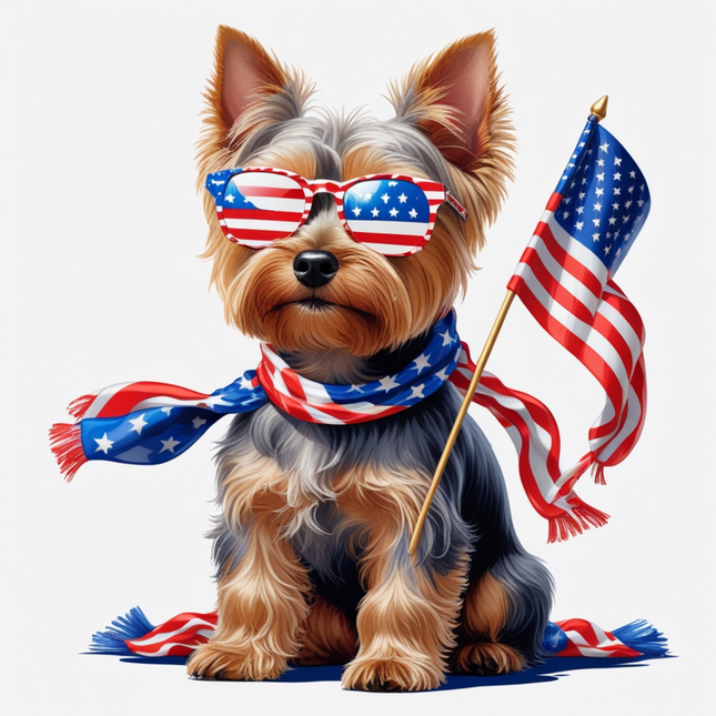 Patriotic Yorkie #1 with Flag & Shades – DTF Heat Transfer DTF Transfers Style Junction – Custom Digital Designs & Apparel