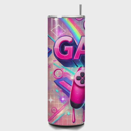 Girl Gamer Tumbler – 20oz Neon Pink Controller Vibes 20oz Skinny Straight Tumbler Style Junction – Custom Digital Designs & Apparel