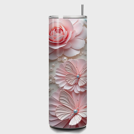 Elegant Butterfly & Pearl Tumbler – 20oz Soft Floral Glam Style 20oz Skinny Straight Tumbler Style Junction – Custom Digital Designs & Apparel