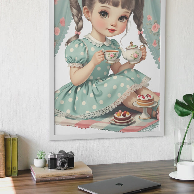 Retro Tea Party Girl Wall Art – Silver Hair & Polka Dot Dress Digital File Style-Junction Custom Designs & Prints