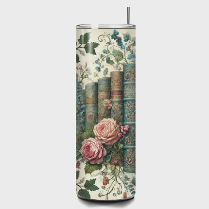 Floral Book Stack for Book Lovers-Custom 20oz Tumbler 20oz Skinny Straight Tumbler Style Junction – Custom Digital Designs & Apparel