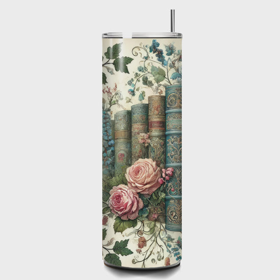 Floral Book Stack for Book Lovers-Custom 20oz Tumbler 20oz Skinny Straight Tumbler Style Junction – Custom Digital Designs & Apparel
