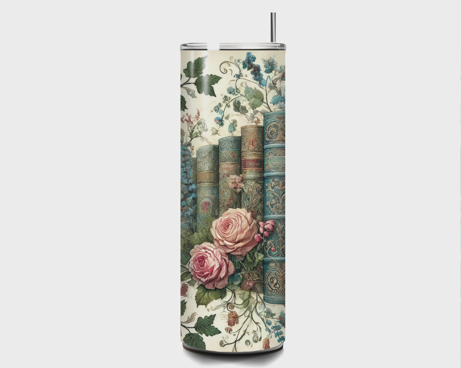 Floral Book Stack for Book Lovers-Custom 20oz Tumbler 20oz Skinny Straight Tumbler Style Junction – Custom Digital Designs & Apparel