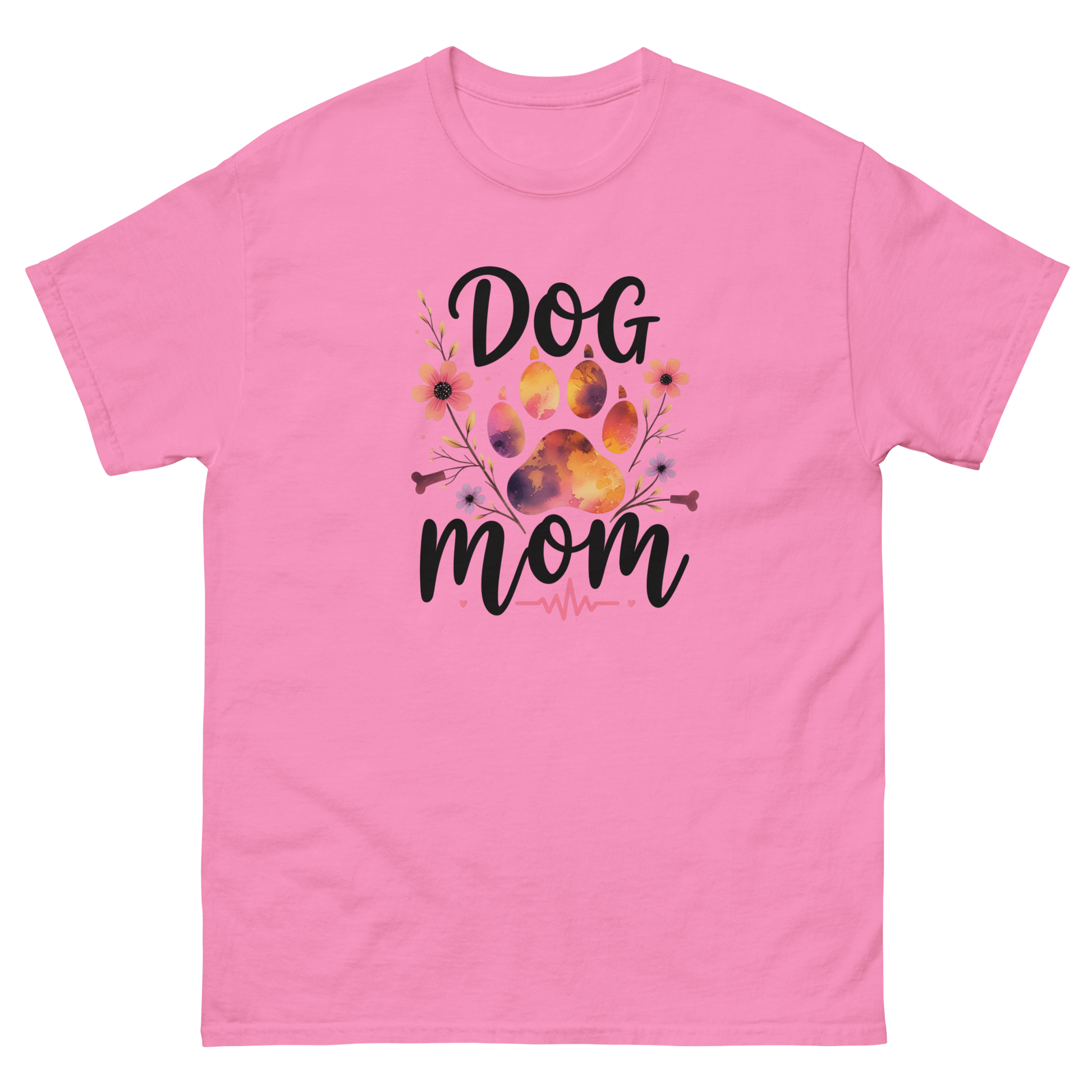 Dog Mom Sunset Floral T-Shirt – Heartbeat Paw Print Design Women Tees Style Junction – Custom Digital Designs & Apparel Azalea S
