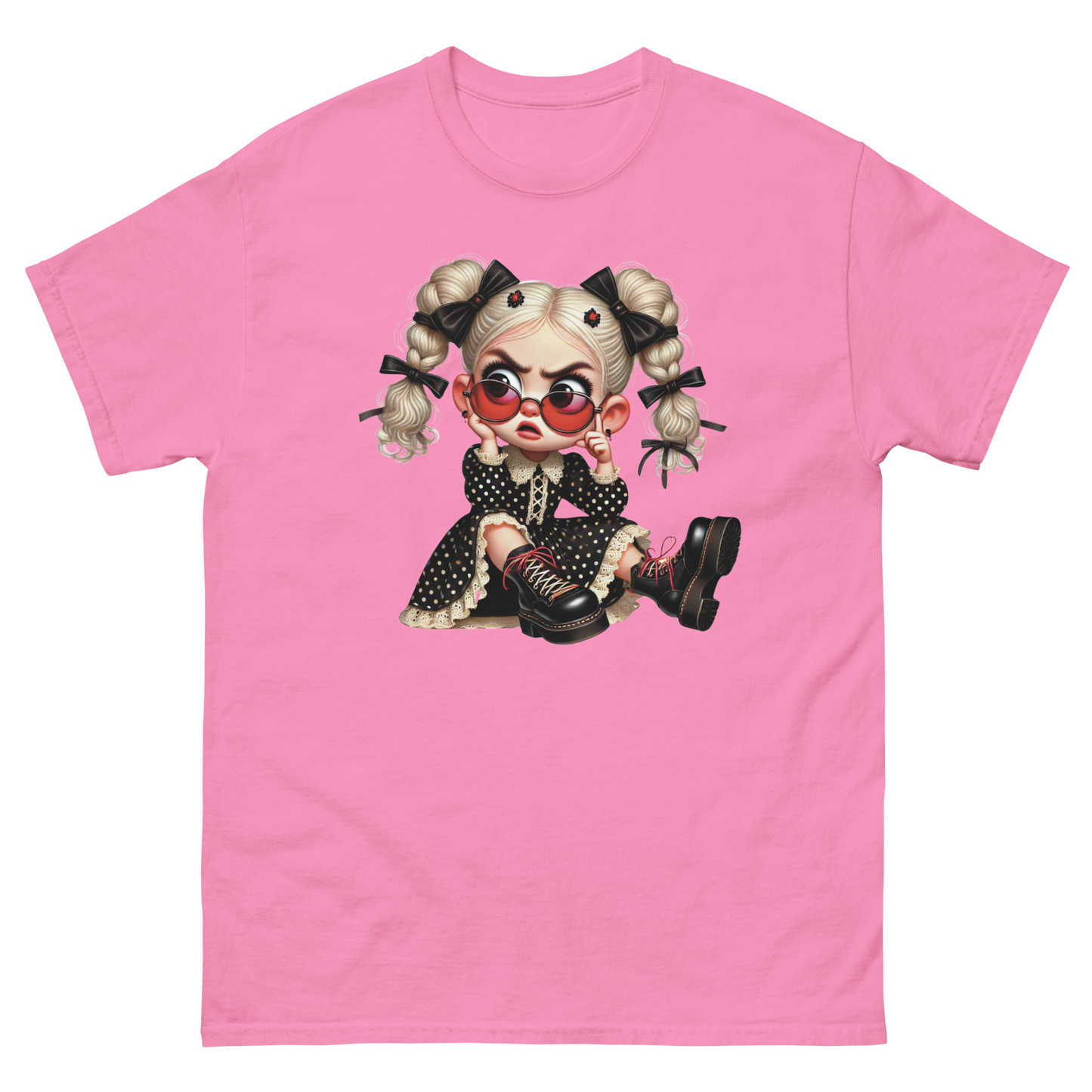 Sassy Blonde Pigtail Tee – Grumpy Doll in Polka Dot Dress Women Tees Style Junction – Custom Digital Designs & Apparel Azalea S