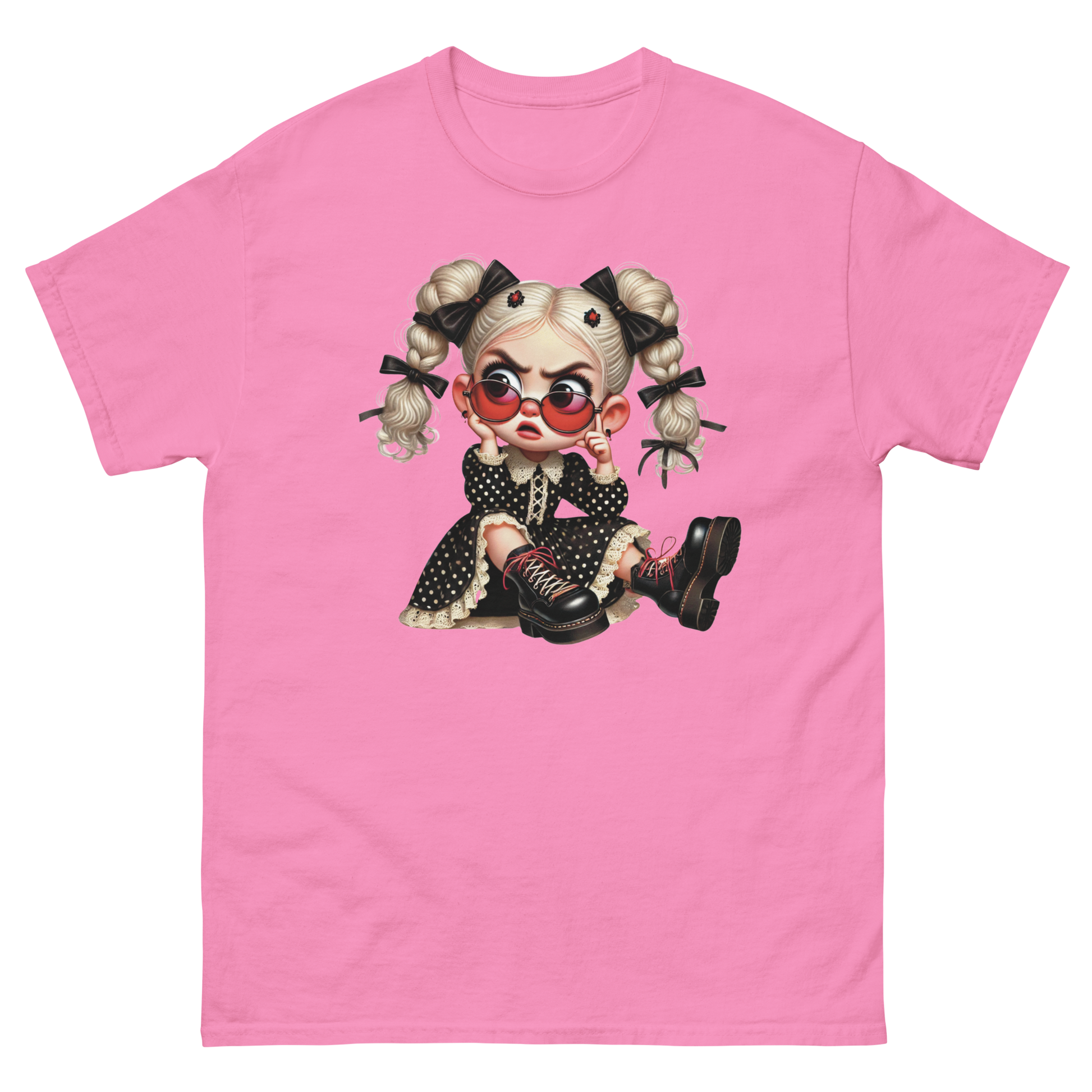 Sassy Blonde Pigtail Tee – Grumpy Doll in Polka Dot Dress Women Tees Style Junction – Custom Digital Designs & Apparel Azalea S