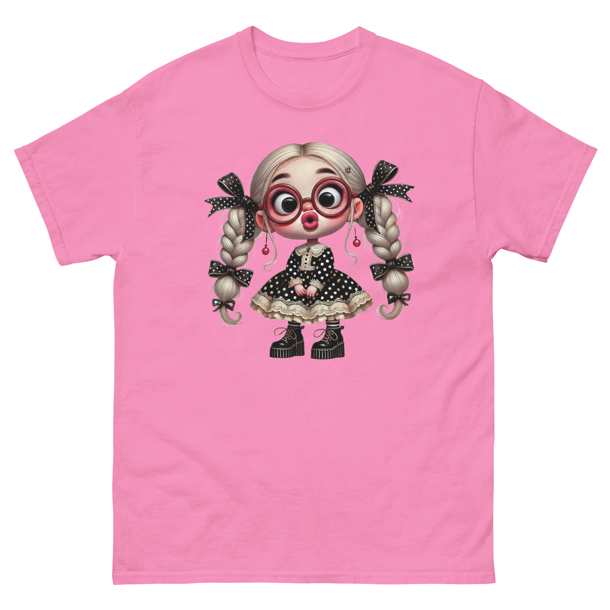Polka Dot Girl Tee – Vintage Doll Style with Blonde Pigtails Women Tees Style Junction – Custom Digital Designs & Apparel Azalea S