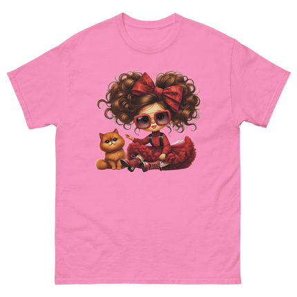Curly Hair Girl & Cat Tee – Red Skirt & Bow Doll Style Graphic Women Tees Style Junction – Custom Digital Designs & Apparel Azalea S