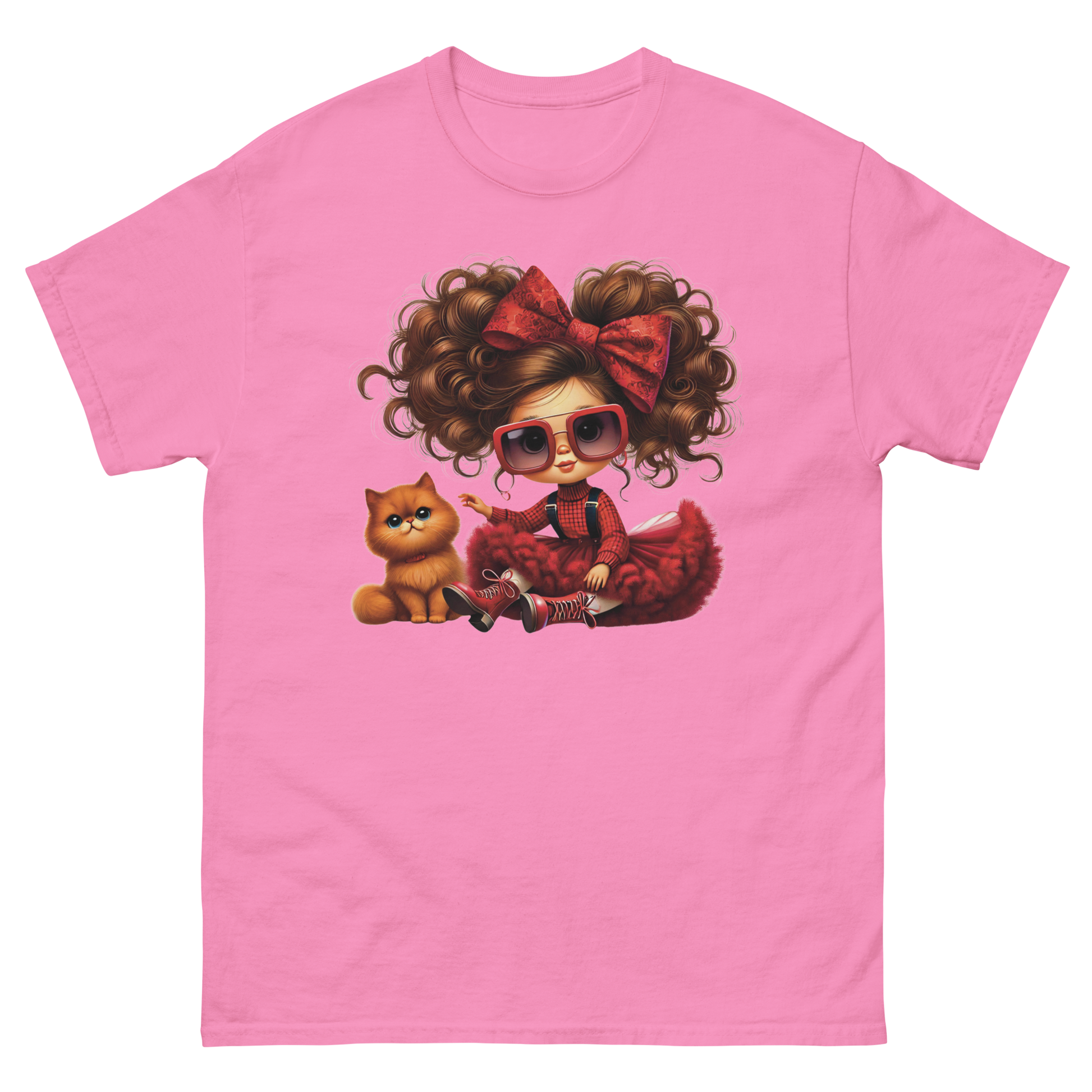 Curly Hair Girl & Cat Tee – Red Skirt & Bow Doll Style Graphic Women Tees Style Junction – Custom Digital Designs & Apparel Azalea S