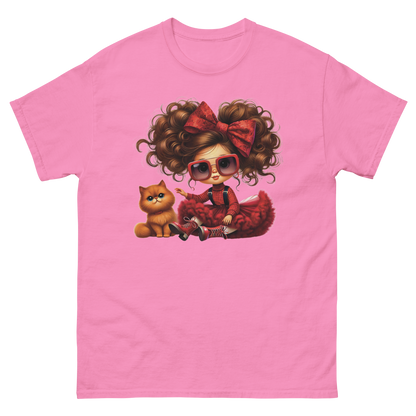Curly Hair Girl & Cat Tee – Red Skirt & Bow Doll Style Graphic Women Tees Style Junction – Custom Digital Designs & Apparel Azalea S