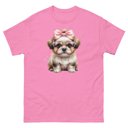 Fluffy Dog Tee – Pink Bow & Heart Glasses Pet Lover Graphic Women Tees Style Junction – Custom Digital Designs & Apparel Azalea S