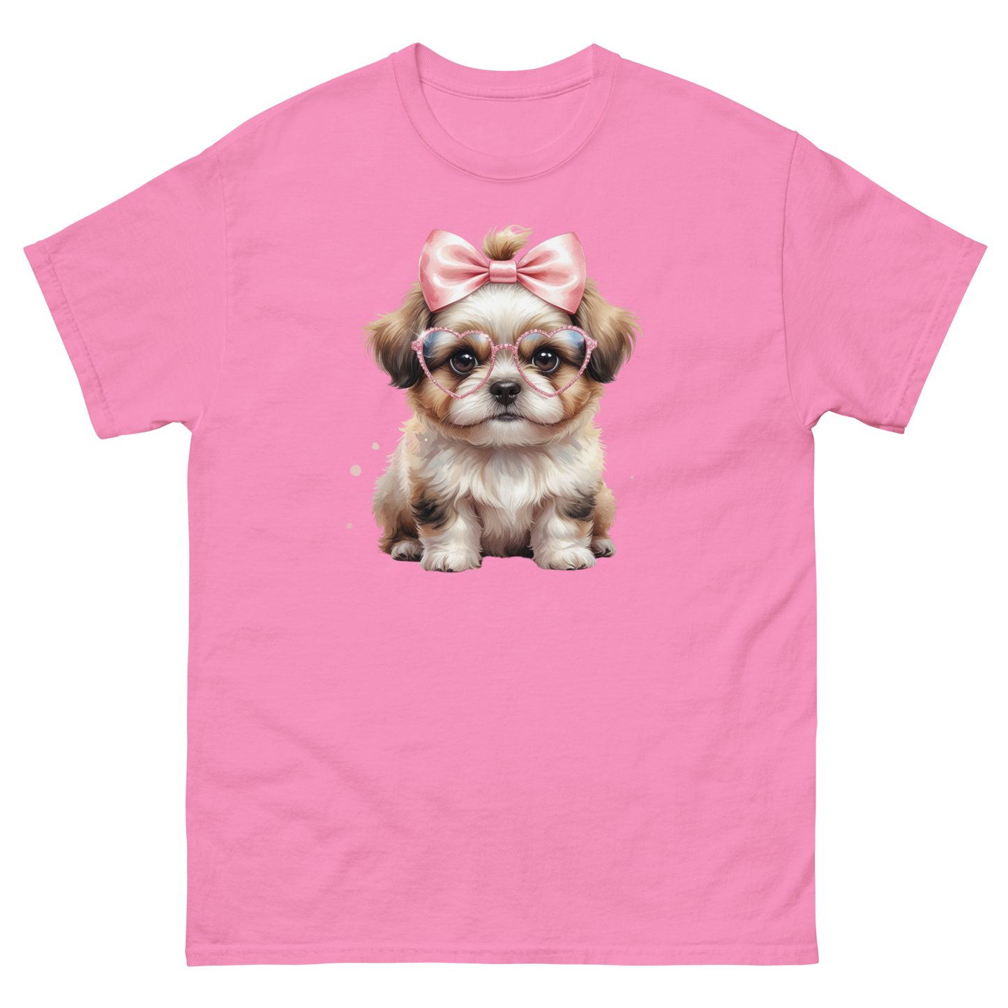 Fluffy Dog Tee – Pink Bow & Heart Glasses Pet Lover Graphic Women Tees Style Junction – Custom Digital Designs & Apparel Azalea S