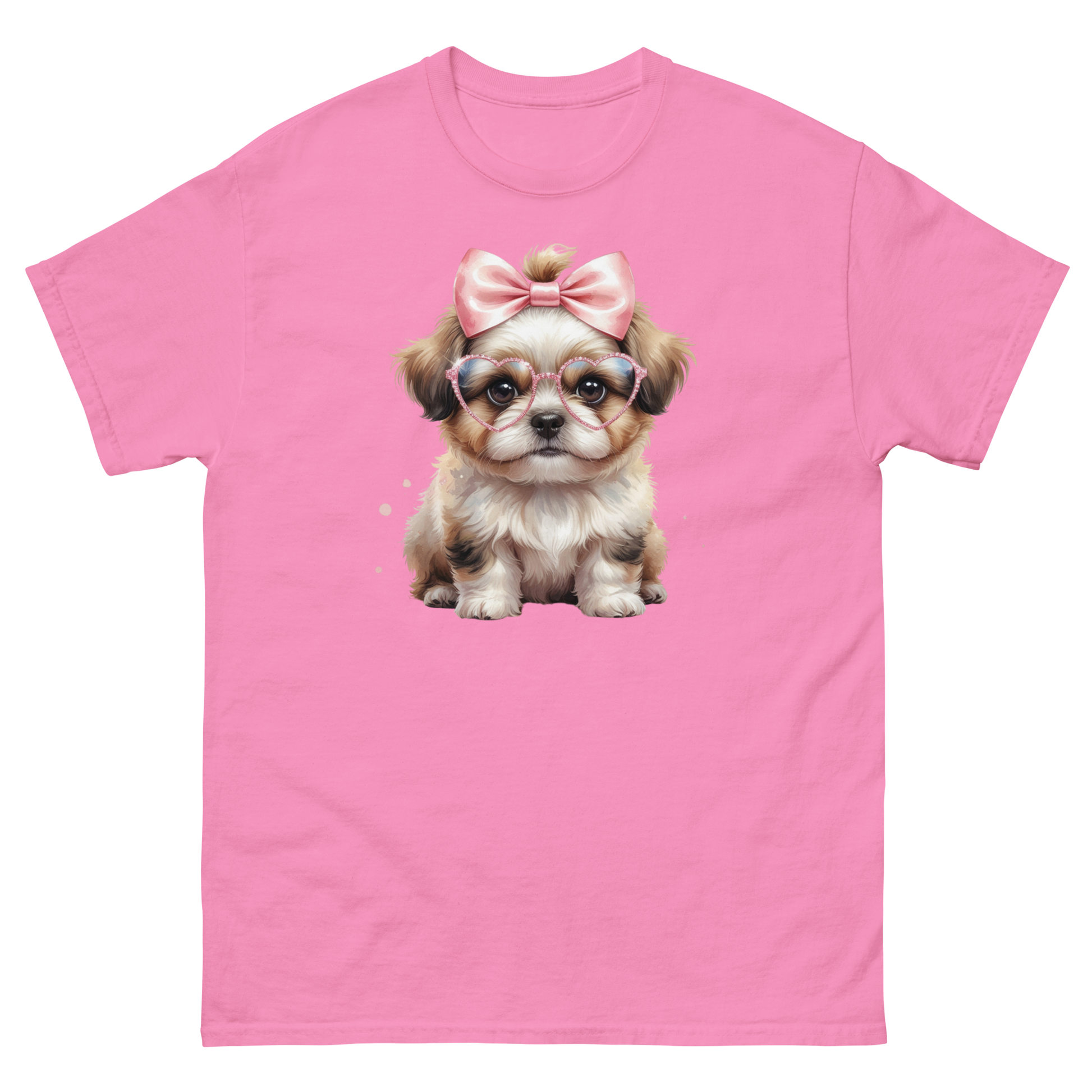 Fluffy Dog Tee – Pink Bow & Heart Glasses Pet Lover Graphic Women Tees Style Junction – Custom Digital Designs & Apparel Azalea S