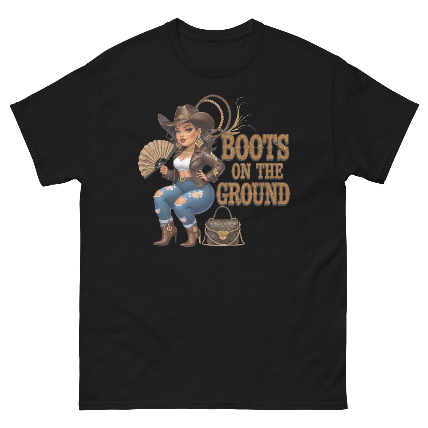 Curvy Cowgirl Tee – “Boots on the Ground” Western Rodeo Graphic Women Tees Style Junction – Custom Digital Designs & Apparel Black S