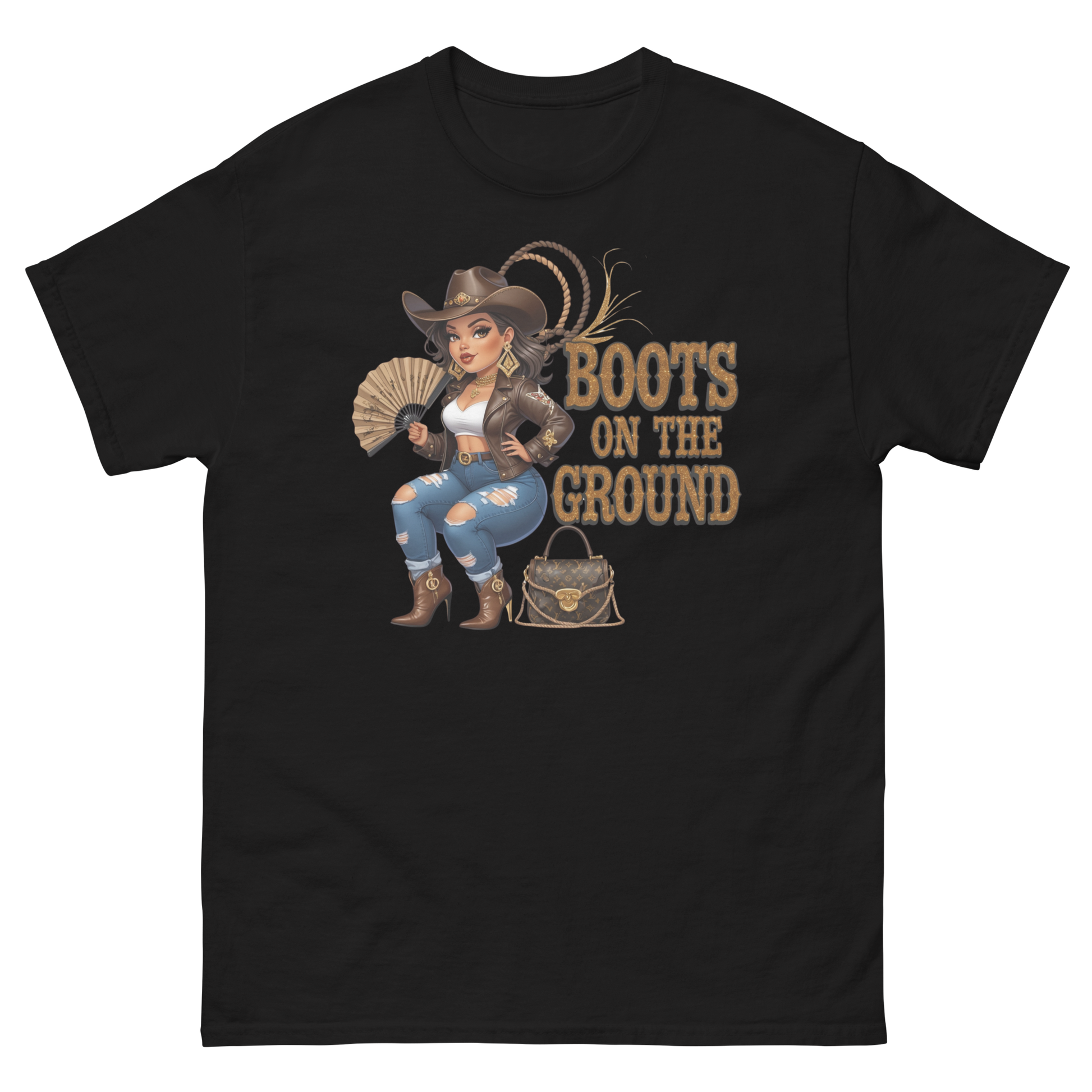 Curvy Cowgirl Tee – “Boots on the Ground” Western Rodeo Graphic Women Tees Style Junction – Custom Digital Designs & Apparel Black S