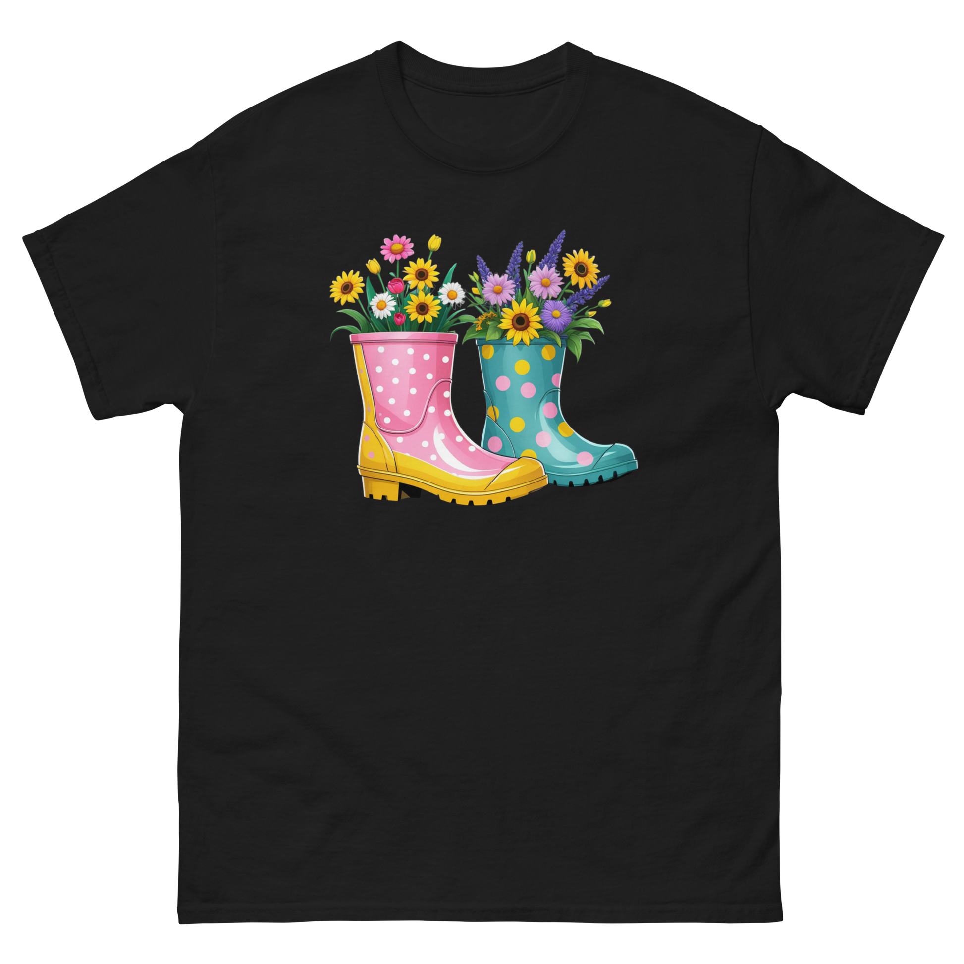 Floral Rain Boots Tee – Colorful Spring Garden PNG Design Women Tees Style Junction – Custom Digital Designs & Apparel Black S
