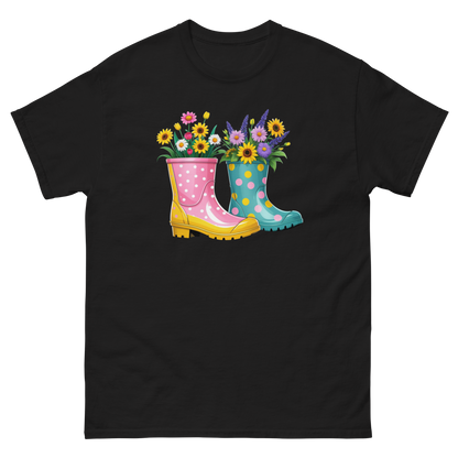 Floral Rain Boots Tee – Colorful Spring Garden PNG Design Women Tees Style Junction – Custom Digital Designs & Apparel Black S