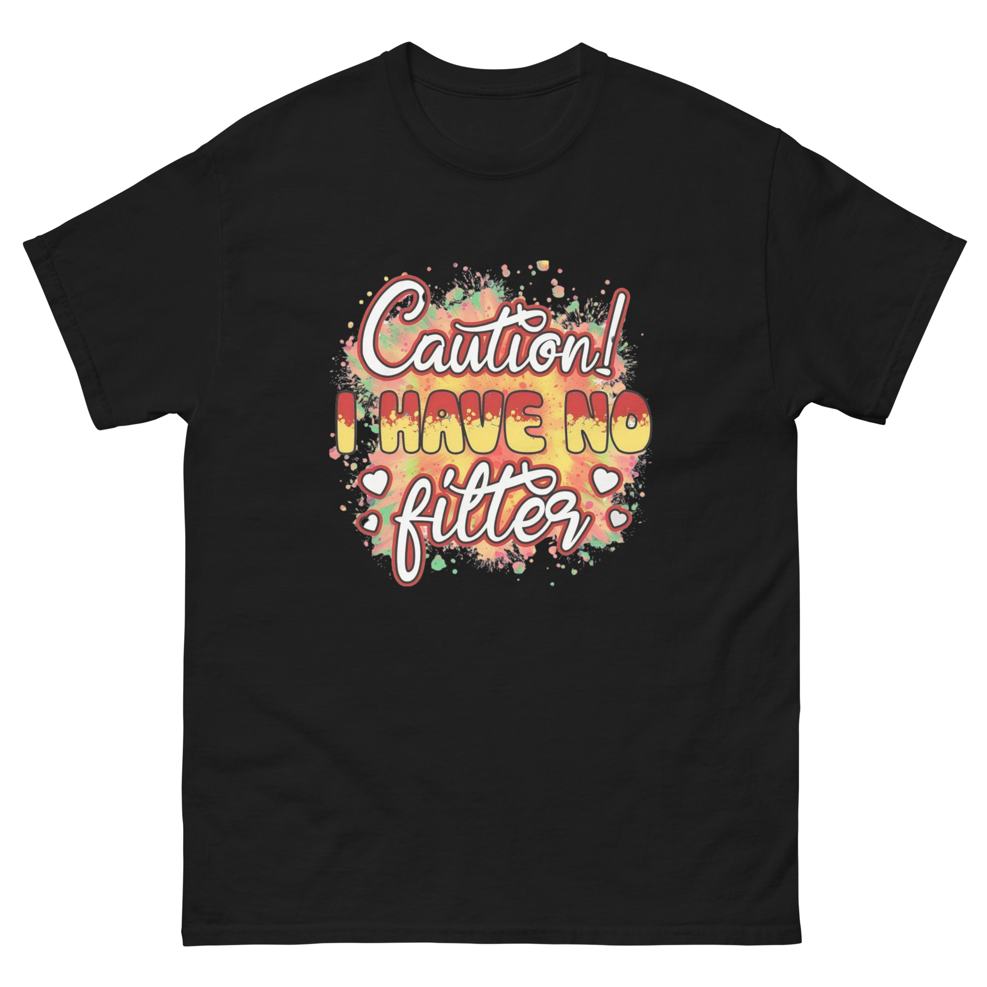 Caution No Filter Tee – Bold Funny Sarcastic Statement Shirt Women Tees Style Junction – Custom Digital Designs & Apparel Black S