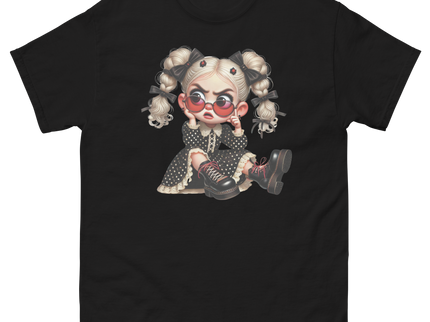 Sassy Blonde Pigtail Tee – Grumpy Doll in Polka Dot Dress Women Tees Style Junction – Custom Digital Designs & Apparel Black S