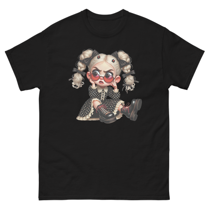 Sassy Blonde Pigtail Tee – Grumpy Doll in Polka Dot Dress Women Tees Style Junction – Custom Digital Designs & Apparel Black S