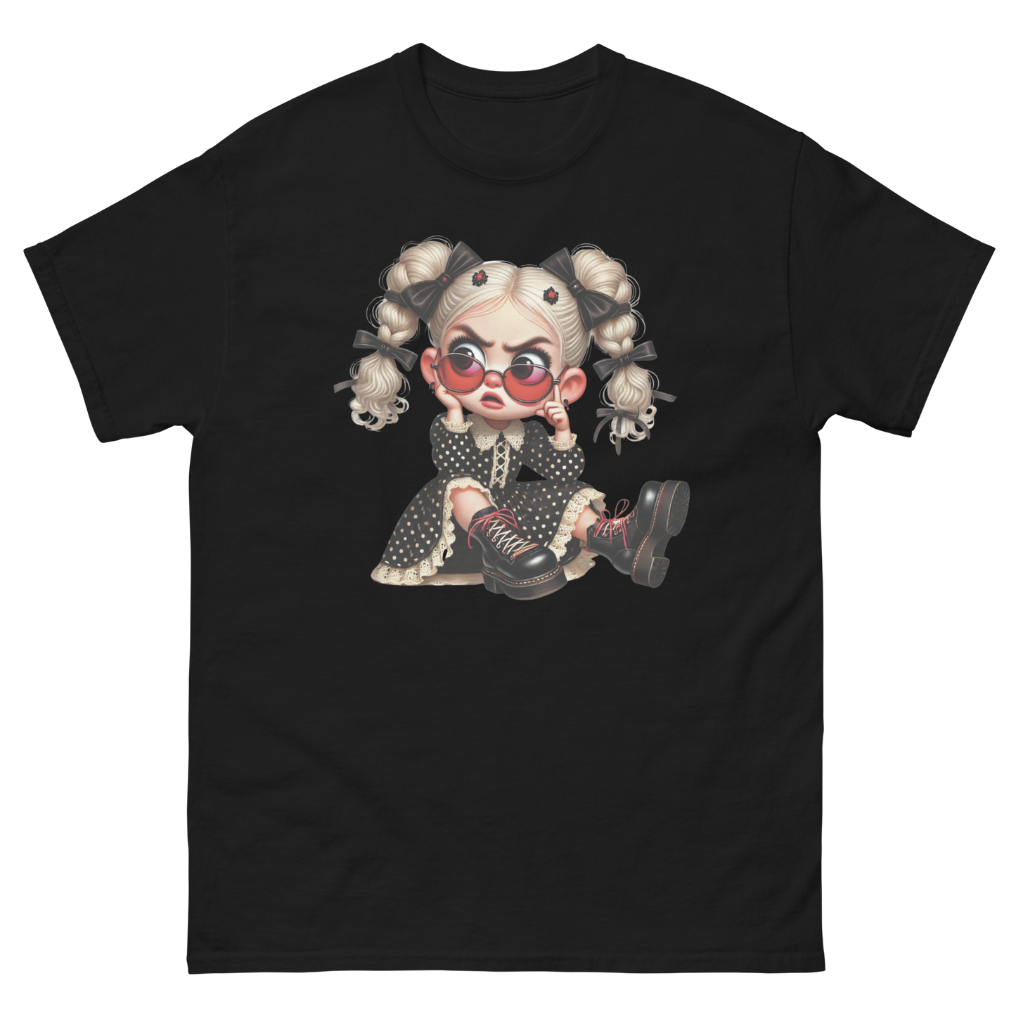 Sassy Blonde Pigtail Tee – Grumpy Doll in Polka Dot Dress Women Tees Style Junction – Custom Digital Designs & Apparel Black S