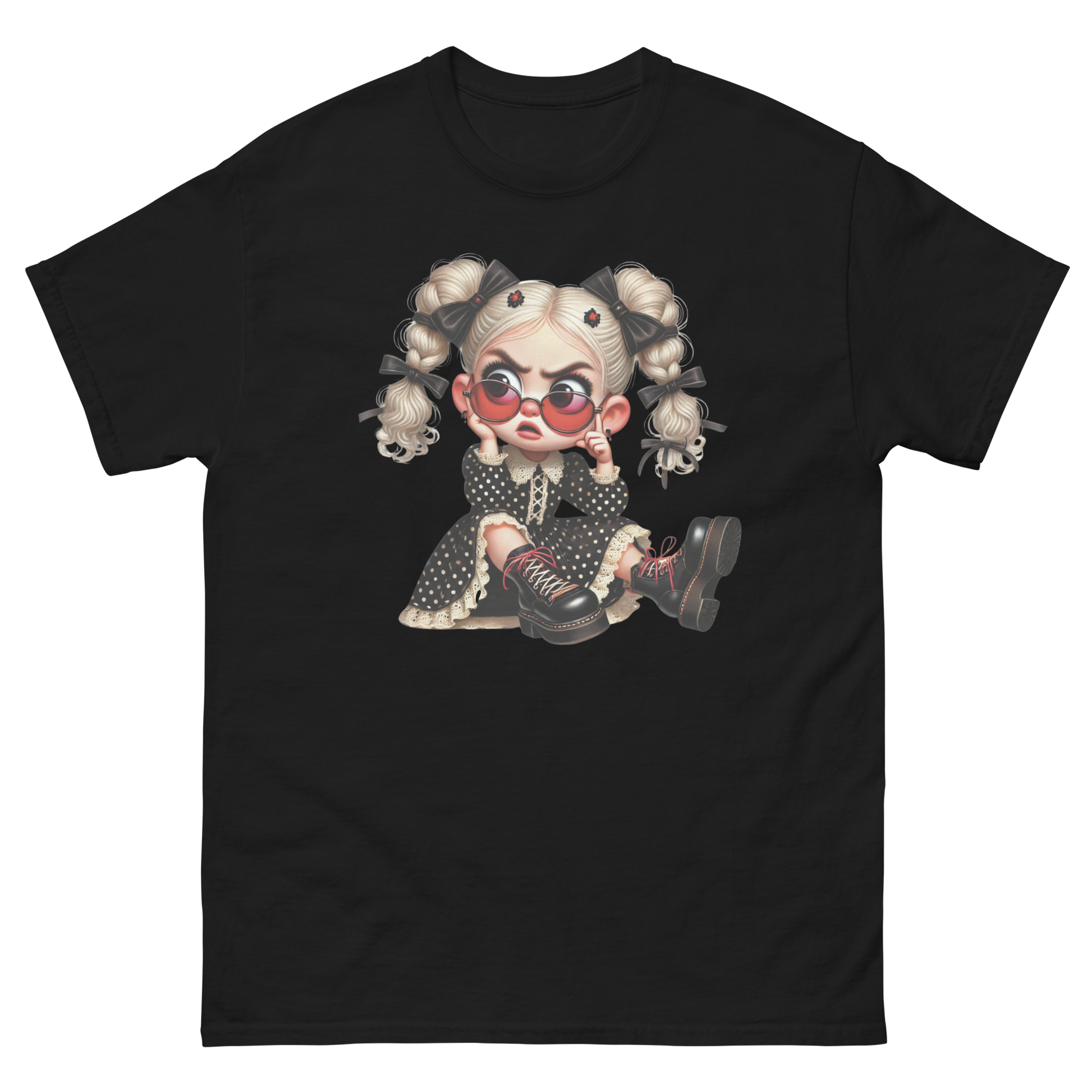 Sassy Blonde Pigtail Tee – Grumpy Doll in Polka Dot Dress Women Tees Style Junction – Custom Digital Designs & Apparel Black S