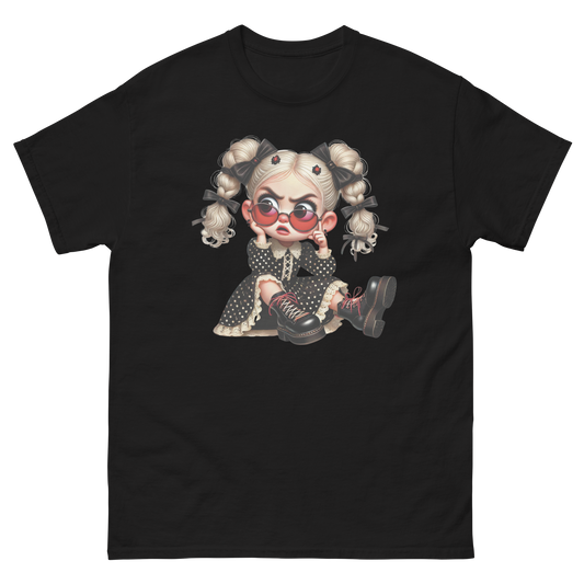 Sassy Blonde Pigtail Tee – Grumpy Doll in Polka Dot Dress Women Tees Style Junction – Custom Digital Designs & Apparel Black S