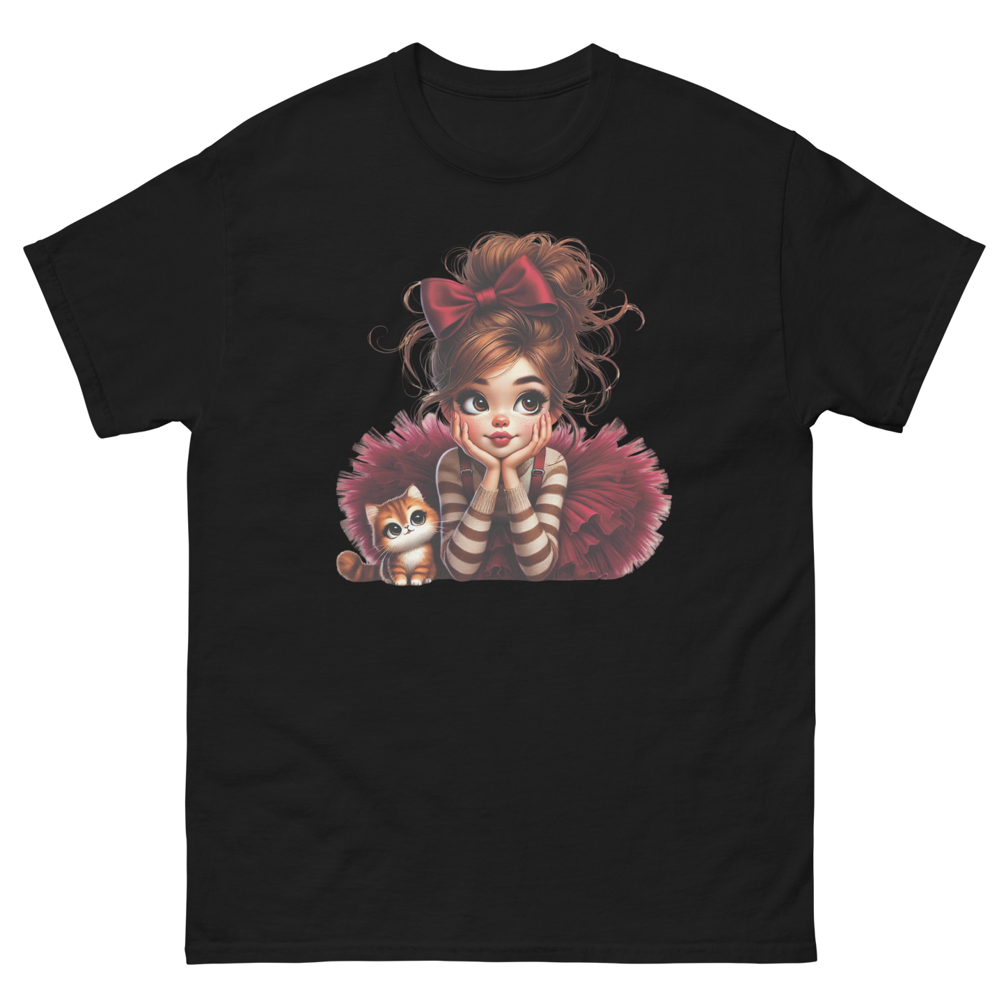 Cute Girl & Cat Tee – Red Tulle Skirt, Big Bow, Whimsical Style Women Tees Style Junction – Custom Digital Designs & Apparel Black S