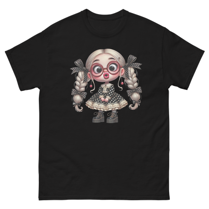 Polka Dot Girl Tee – Vintage Doll Style with Blonde Pigtails Women Tees Style Junction – Custom Digital Designs & Apparel Black S