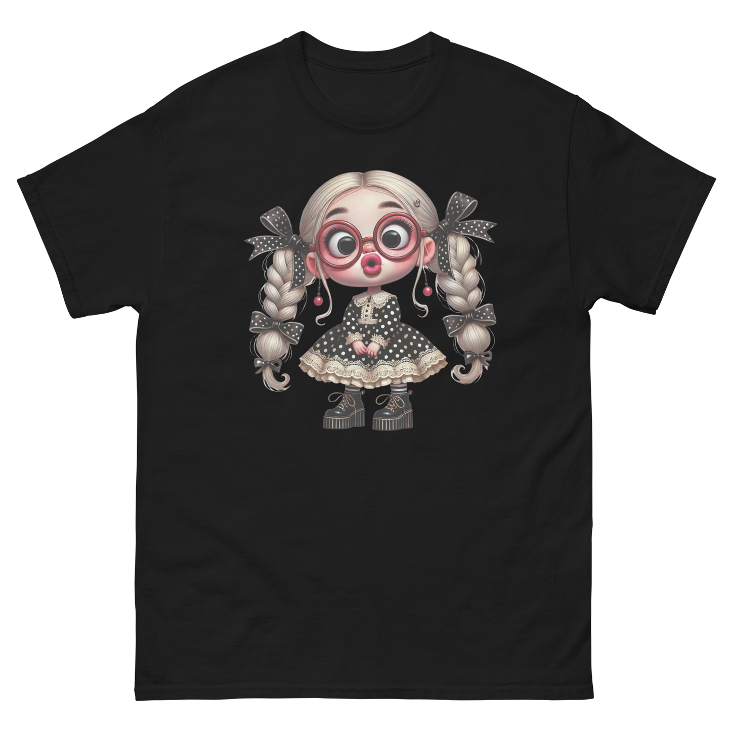 Polka Dot Girl Tee – Vintage Doll Style with Blonde Pigtails Women Tees Style Junction – Custom Digital Designs & Apparel Black S