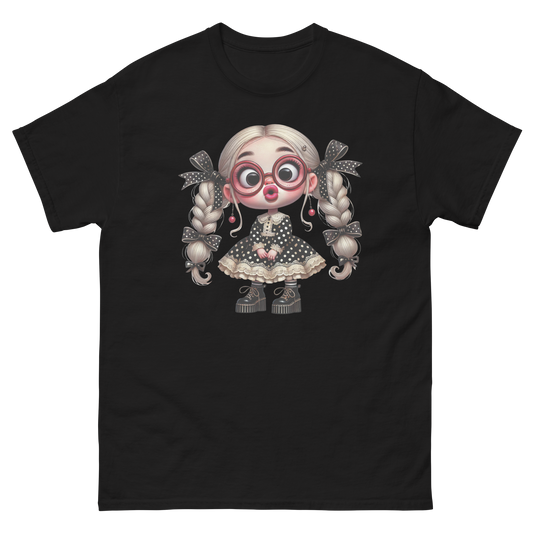 Polka Dot Girl Tee – Vintage Doll Style with Blonde Pigtails Women Tees Style Junction – Custom Digital Designs & Apparel Black S