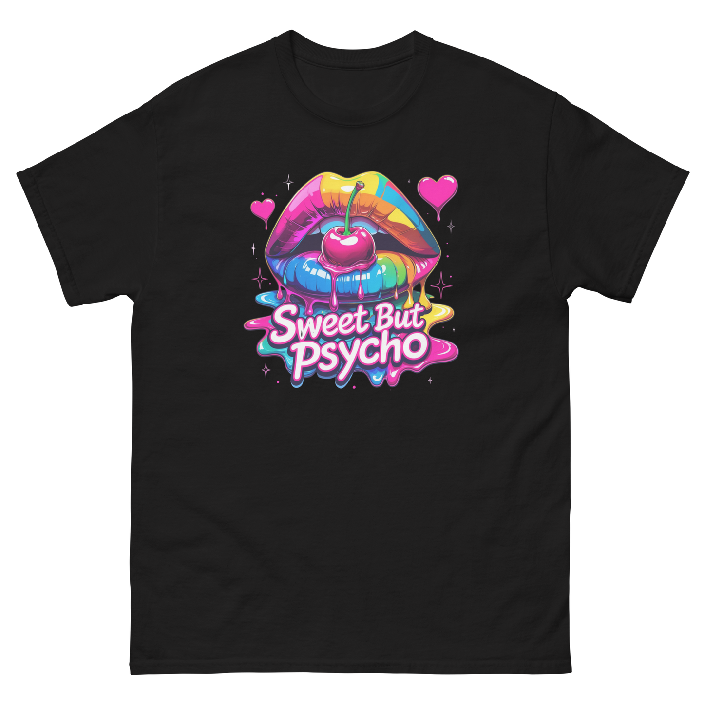 Sweet But Psycho Tee – Neon Cherry Dripping Lips Pop Art Women Tees Style Junction – Custom Digital Designs & Apparel Black S