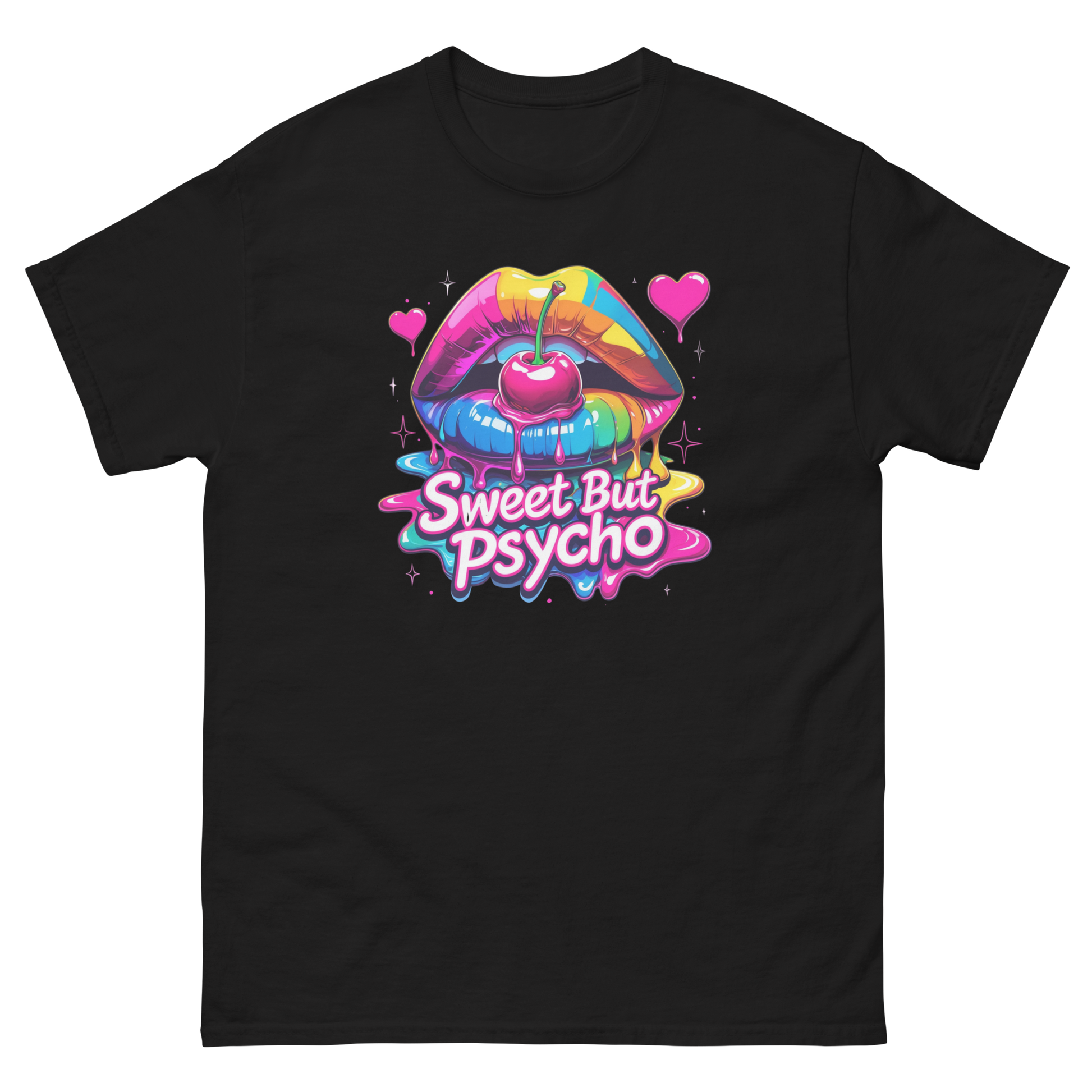 Sweet But Psycho Tee – Neon Cherry Dripping Lips Pop Art Women Tees Style Junction – Custom Digital Designs & Apparel Black S