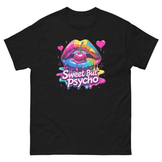 Sweet But Psycho Tee – Neon Cherry Dripping Lips Pop Art Women Tees Style Junction – Custom Digital Designs & Apparel Black S