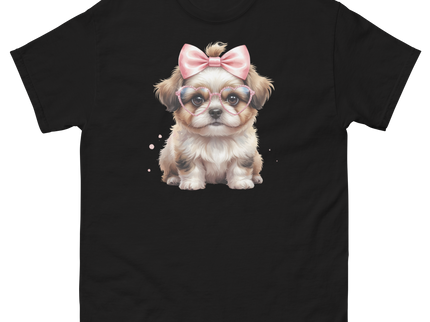 Fluffy Dog Tee – Pink Bow & Heart Glasses Pet Lover Graphic Women Tees Style Junction – Custom Digital Designs & Apparel Black S