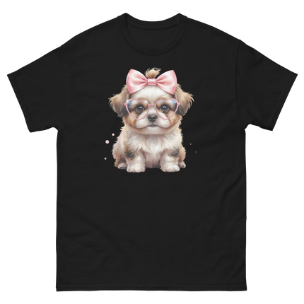 Fluffy Dog Tee – Pink Bow & Heart Glasses Pet Lover Graphic Women Tees Style Junction – Custom Digital Designs & Apparel Black S